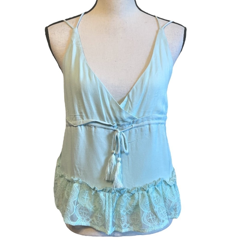 Honey Punch Light Mint‎ Green Baby Doll Lace Hem Crop Tank Top Women's Small